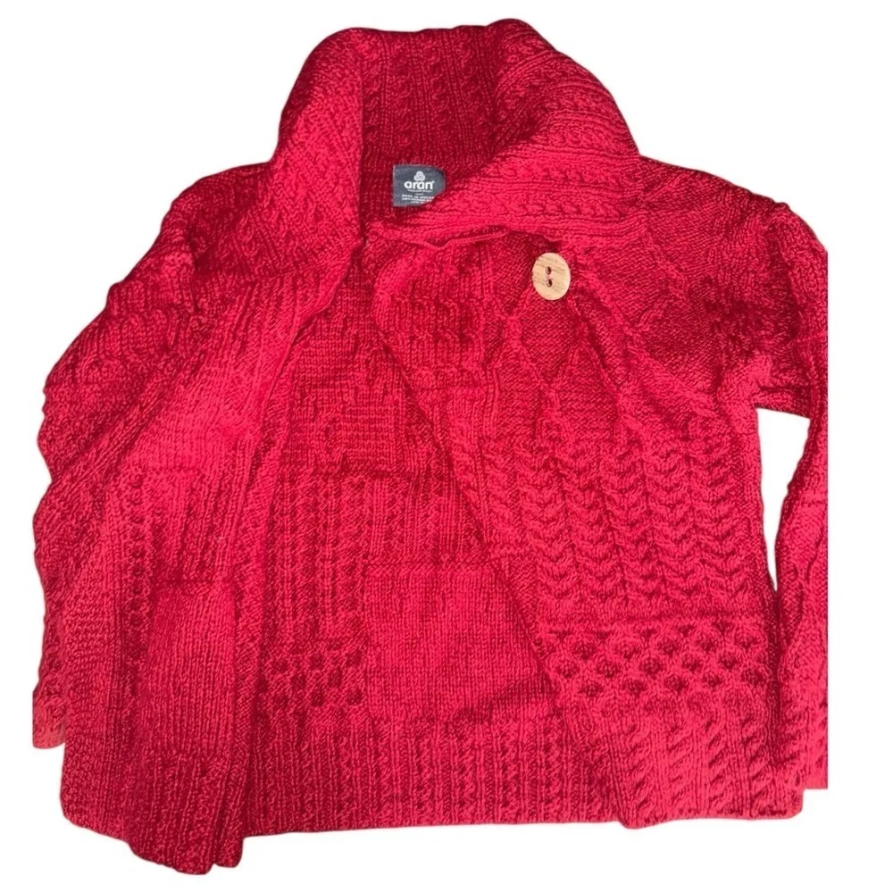 Aran Red Wool Cardigan Irish Patchwork Wrap Button Collar Merino XL - Picture 11 of 16